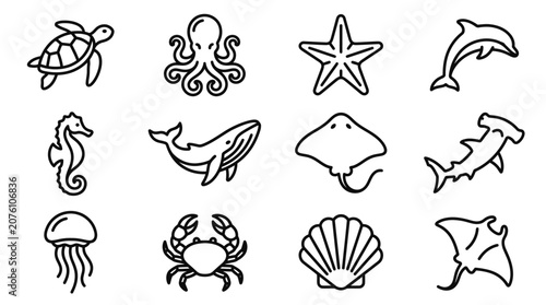 Sea creatures icons set ocean animals 9.
