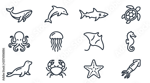 Sea creatures icons set line style.