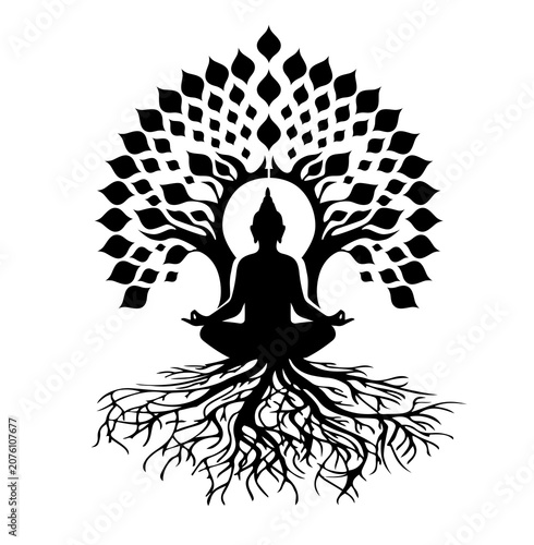 Buddha sits under a beautiful tree and strong roots in a Zen position.