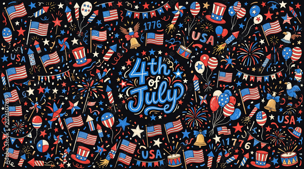 Fototapeta premium Red white and blue 4th of July pattern with patriotic celebratory elements.