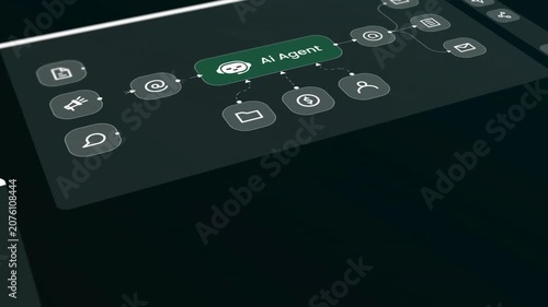 Digital flowchart with ai agent nodes icons for software interface system. Perfect for tech presentations and artificial intelligence concepts.