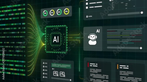 Green digital binary code central ai processor chip interface graphical user dashboard.