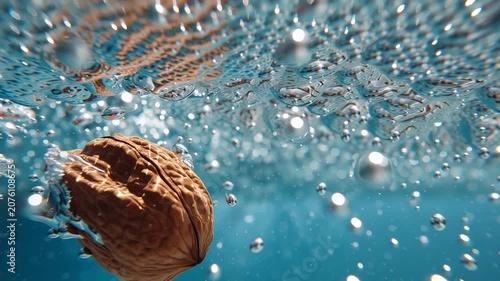 NOCE INTERA CHE CADE IN ACQUA FRESCA E LIMPIDA CON SPRUZZI E BOLLE D'ARIA, CONCETTO DI FRESCHEZZA E ALIMENTAZIONE SANA