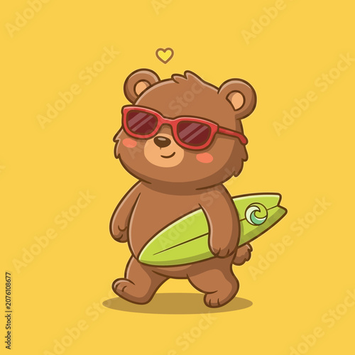 Fotografie Brown bear wearing red sunglasses surfing.