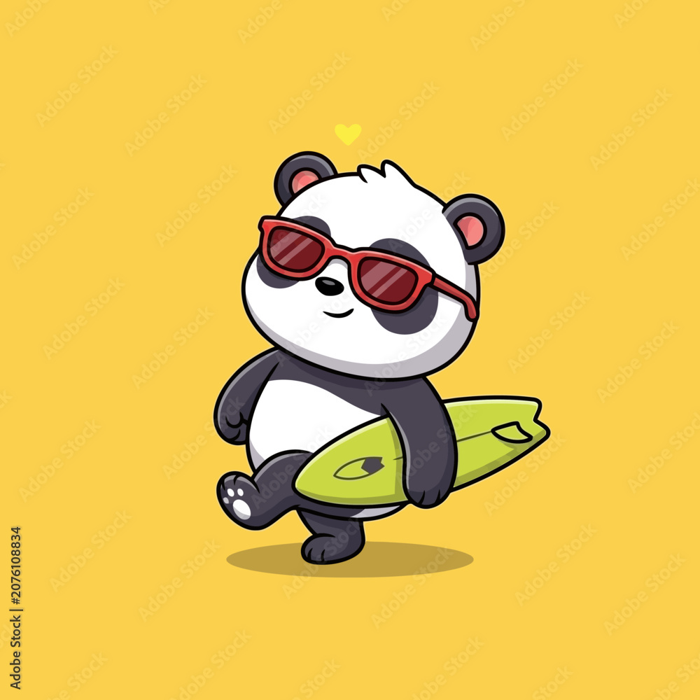 Fototapeta premium Cartoon panda with surfboard sunglasses.