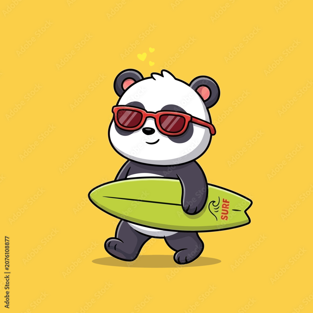 Naklejka premium Cartoon panda bear with surfboard.