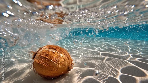 NOCE DI COCCO INTERA CHE CADE NELL'ACQUA TROPICALE CON SPRUZZI E BOLLE D'ARIA, CONCETTO DI FRESCHEZZA ESOTICA