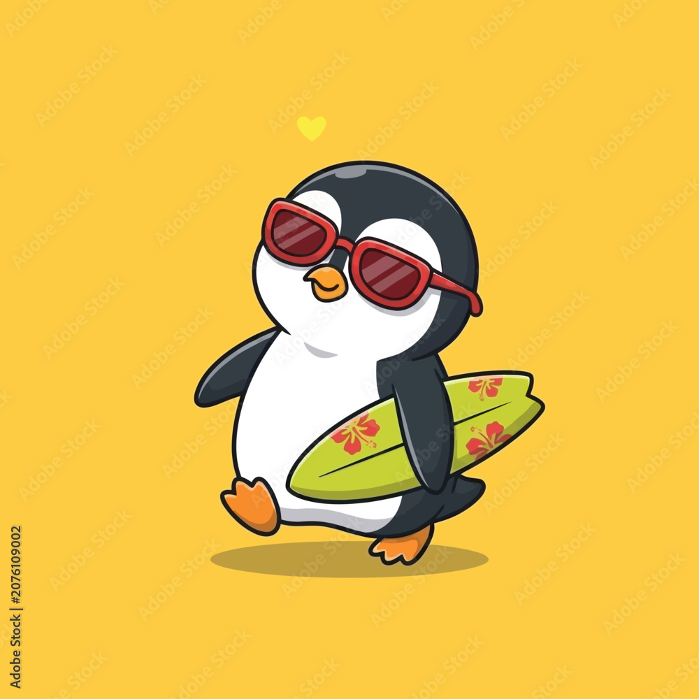 Obraz premium Penguin wearing sunglasses with surfboard.