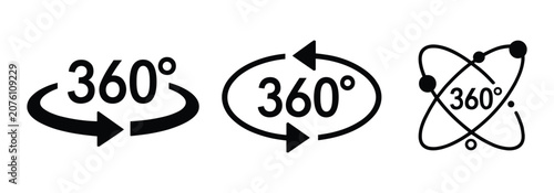 Obraz na płótnie 360 Degree Rotation Icons: A set of three distinct graphic icons representing 360-degree rotation and spherical perspectives, symbolizing completeness, view, and perspective