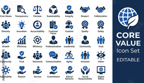 Core values icon set provides a collection of professional symbols representing corporate integrity, leadership, and social responsibility.