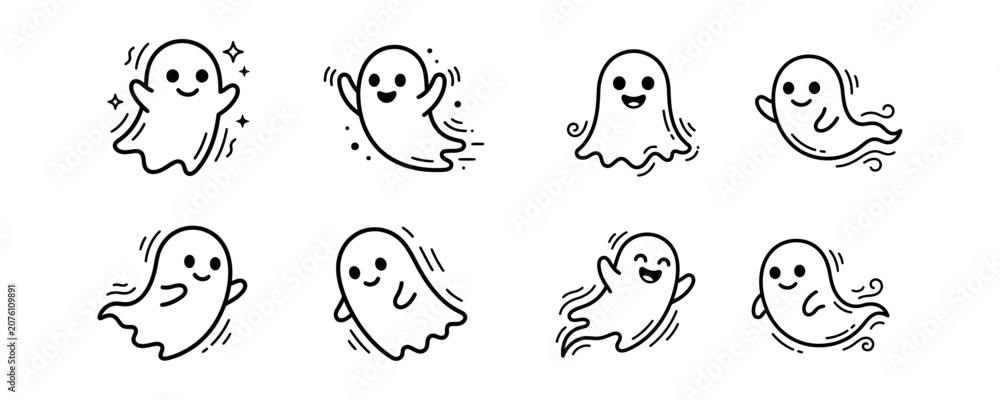 Fototapeta premium Set of Cute Hand Drawn Ghost Doodles with Various Poses and Expressions Vector Collection for Halloween Design