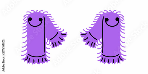 Fotografía Purple shaggy dog illustrations with smiling faces on white background