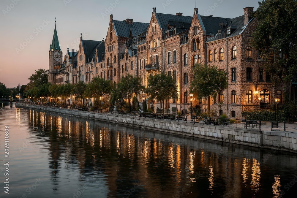 Fototapeta premium Historic brick buildings reflecting on a calm waterfront at dusk