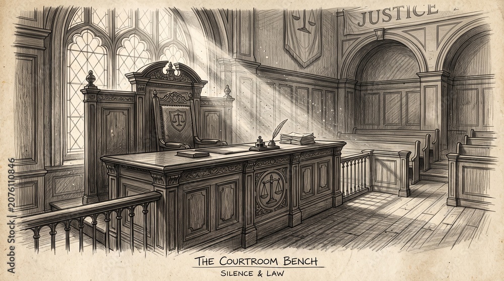 Fototapeta premium Historical wooden courtroom bench for judge and legal proceedings with courtroom judicial interior architecture proceedings tribunal litigation government legislative traditional furniture