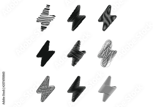 Lightning bolt and thunder scribble icon collection with hand drawn sketch texture