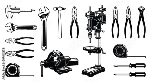Vintage industrial hand tools and workshop equipment vector set, black and white hardware icons, professional carpentry and metalworking tool collection