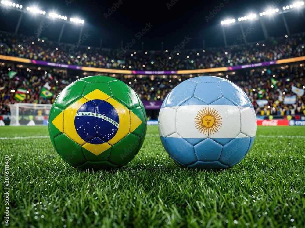 Fototapeta premium Soccer balls with brazil and argentina flags on a stadium pitch