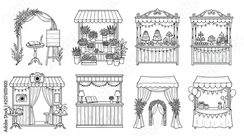 Hand drawn market stall icons set, vintage street fair booth collection, black and white wedding event kiosks, 8 vector festival stand illustrations