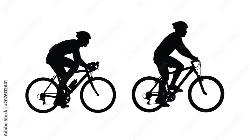 Fototapeta premium Two Cyclists Riding Bicycles On White Background Black Silhouette