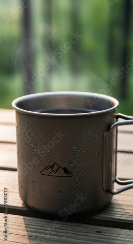 Close-up of a camping mug filled with hot coffee outdoors.