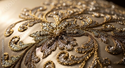 Close-up of Ornate Gold Embroidery on a Cream-Colored Fabric Surface.