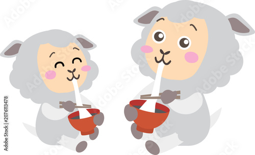 雑煮の餅をおいしく食べるかわいい羊キャラクター