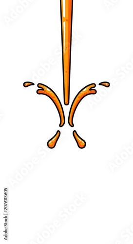 Orange Liquid Pouring Downward with Splash Effect on White Background.