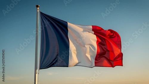 French National Flag Waving in the Wind Against a Clear Blue Sky.