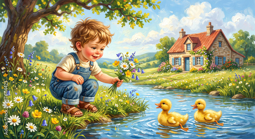 Adorable little boy holding wildflowers watching two yellow ducklings swim in a countryside stream near a cozy cottage on a sunny summer day