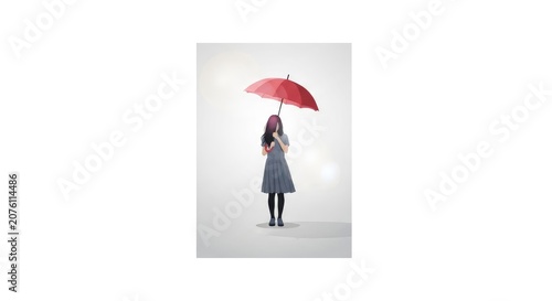Woman Holding a Red Umbrella Standing Alone on a White Background.