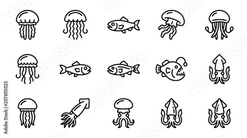 Cuadro en lienzo Black and white sea creatures icons.