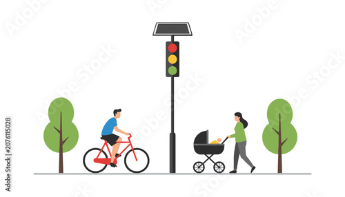 Cyclist and parent with a baby carriage waiting at a solar-powered traffic light crossing in a suburban street setting.