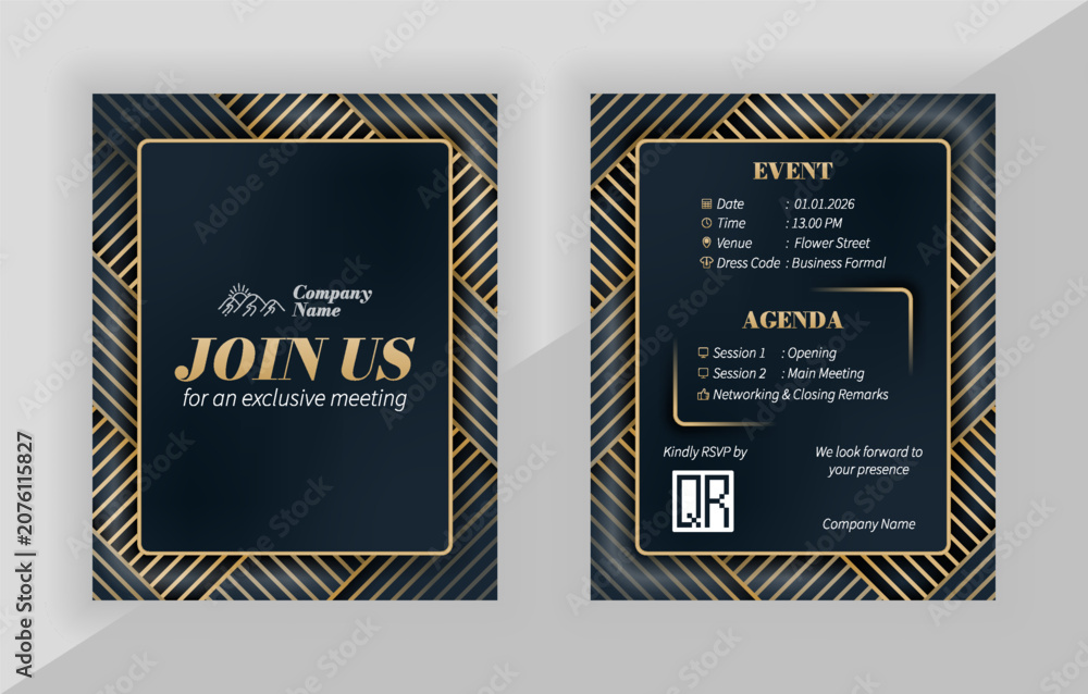 Naklejka premium Luxury corporate event invitation template with charcoal and gold vector design and join us lettering, can be used as printable card for company anniversary, gala dinner, or executive celebration