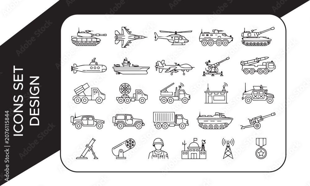 Naklejka premium Military Missile Launcher and Radar Truck Line Icon Set, Military and Army Vehicles Line Icon Set, Military Vehicles and Weapons Line Art Elements Collection, Missile Launcher Military Vehicle Icons S