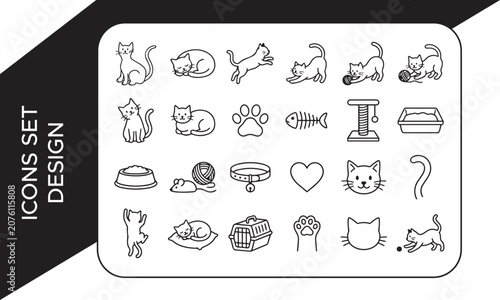 Cat Poses Outline Elements Collection, Cat Outline Icons Elements Collection,Cat Poses and Actions Line Icon Set, Cat and Kitten Line Art Elements Collection