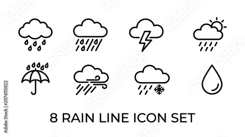 Collection of Eight Weather and Rain Themed Line Icons for Design Projects.