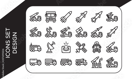 Military Missile Launcher and Radar Truck Line Icon Set, Military and Army Vehicles Line Icon Set, Military Vehicles and Weapons Line Art Elements Collection, Missile Launcher Military Vehicle Icons S