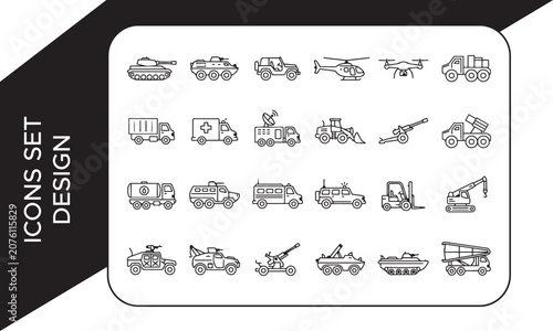 Military Missile Launcher and Radar Truck Line Icon Set, Military and Army Vehicles Line Icon Set, Military Vehicles and Weapons Line Art Elements Collection, Missile Launcher Military Vehicle Icons S