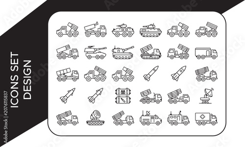 Military Missile Launcher and Radar Truck Line Icon Set, Military and Army Vehicles Line Icon Set, Military Vehicles and Weapons Line Art Elements Collection, Missile Launcher Military Vehicle Icons S