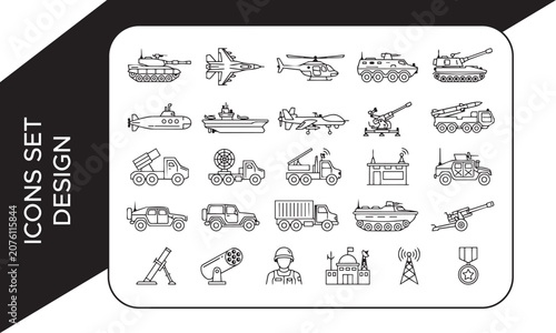 Military Missile Launcher and Radar Truck Line Icon Set, Military and Army Vehicles Line Icon Set, Military Vehicles and Weapons Line Art Elements Collection, Missile Launcher Military Vehicle Icons S