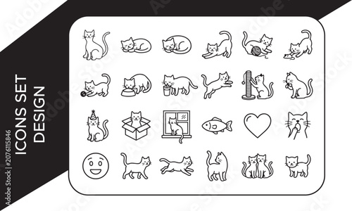 Cat Poses Outline Elements Collection, Cat Outline Icons Elements Collection,Cat Poses and Actions Line Icon Set, Cat and Kitten Line Art Elements Collection