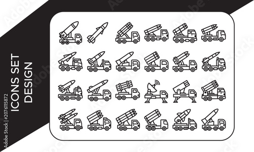 Military Missile Launcher and Radar Truck Line Icon Set, Military and Army Vehicles Line Icon Set, Military Vehicles and Weapons Line Art Elements Collection, Missile Launcher Military Vehicle Icons S