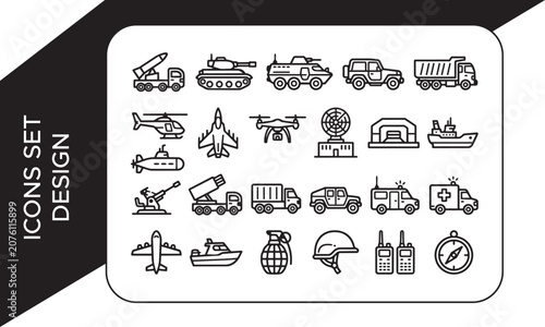 Military Missile Launcher and Radar Truck Line Icon Set, Military and Army Vehicles Line Icon Set, Military Vehicles and Weapons Line Art Elements Collection, Missile Launcher Military Vehicle Icons S