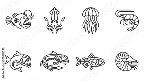 Foto Sea creatures in various forms swim.