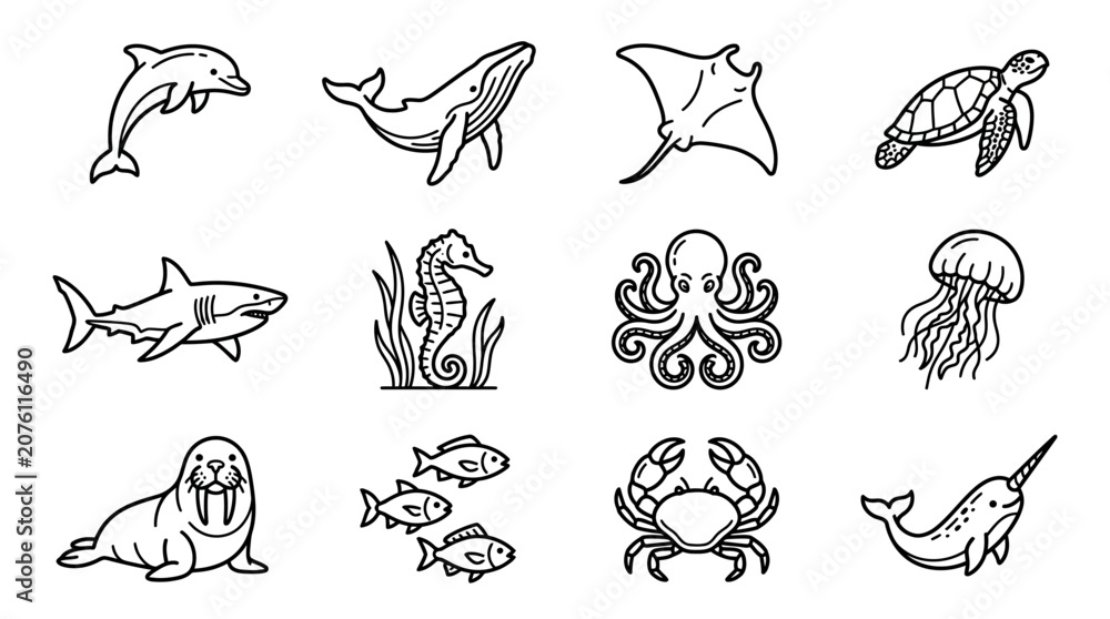 Fototapeta premium Marine animals illustrations set.