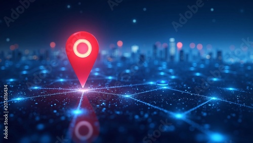 Red glowing map pin on luminous digital network, blurred night cityscape