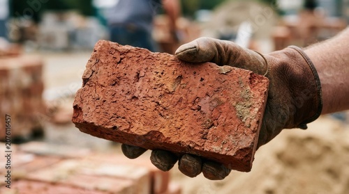 Brick Held by a Gloved Hand, Showing the Rough Texture and Terracotta Red Color, Ready for Construction Work.