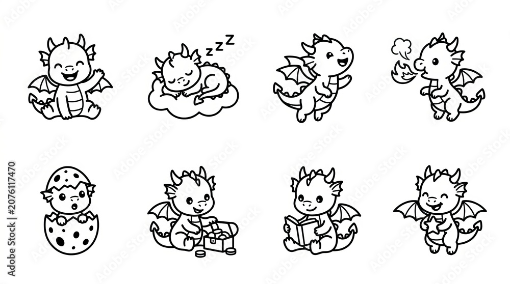 Fototapeta premium Collection of hand drawn cartoon baby animals in various playful poses and expressions.