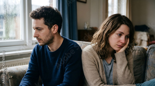 Close-up of a couple looking away from each other, quiet disappointment, soft lighting, minimal blurred background, authentic emotional mood
