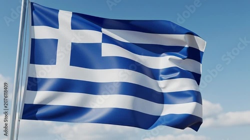 Waving National Flag of Greece Against a Clear Blue Sky.